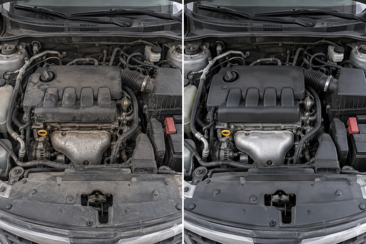 Illustrative comparison of the same everyday engine bay before and after cleaning